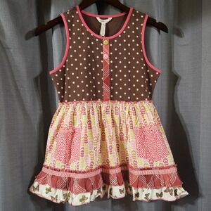 Matilda Jane Girls Brown Polka Dot Floral Butterfly Tiered Ruffle Dress Size 14